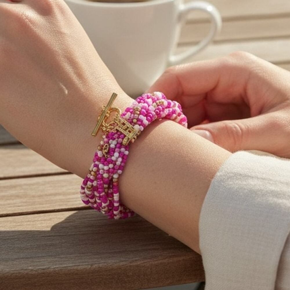 Talbots Pink White Seed Bead Braided Multi Strand Bracelet Preppy NWT